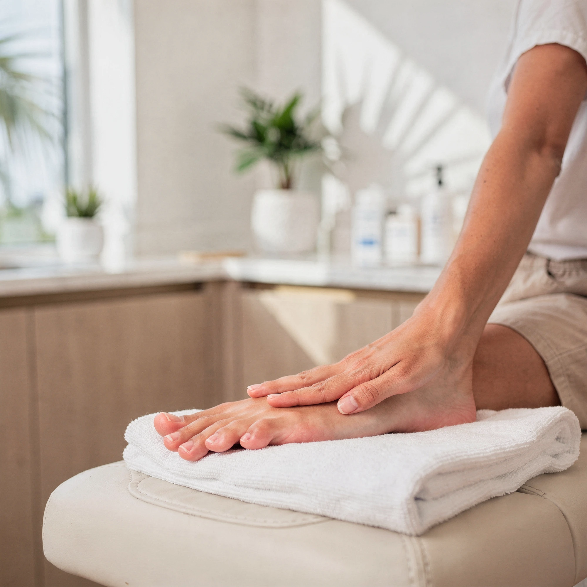 Person's foot resting on white towel during podiatry examination in bright clinic room